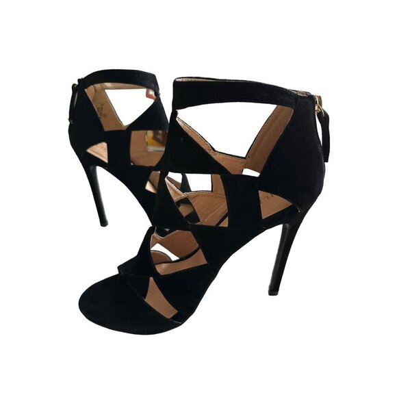 Liliana Black Velvet Heels Diamond Cutouts Open Toe Back Zipper Party Size 8.5 - Picture 2 of 13